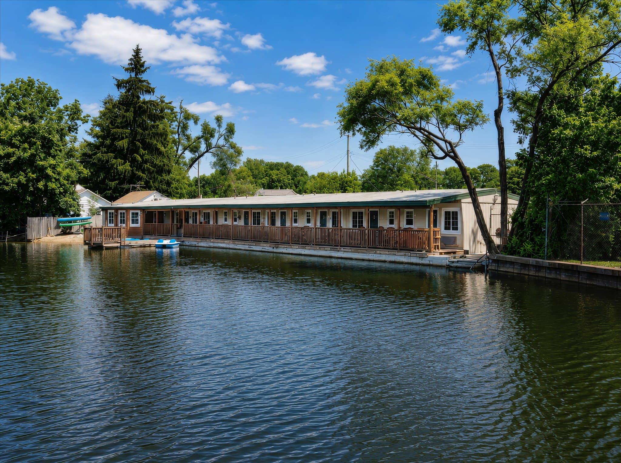Lakefront setting and covered deck at Olde Mill Inn of Clarkston